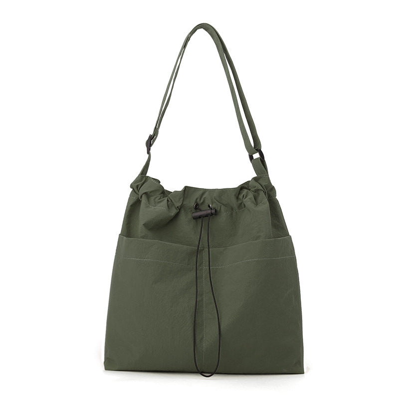Green Chic Lightweight Nylon Drawstring Tote Bag - Multi-Pocket Casual Shoulder & Crossbody
