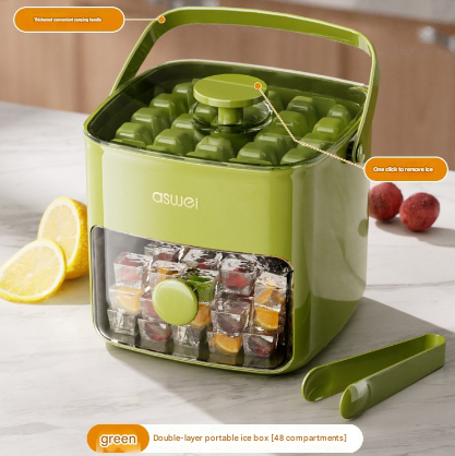 Green Innovative Press-Release Ice Cube Maker - Dual Layer Trays & Storage Bin (48 Cubes)