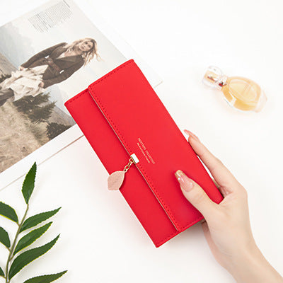 Red Elegant Ladies Long PU Leather Wallet - Slim Clutch with Leaf Charm, Multi-Card Holder & Organizer