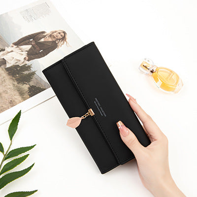 Black Elegant Ladies Long PU Leather Wallet - Slim Clutch with Leaf Charm, Multi-Card Holder & Organizer