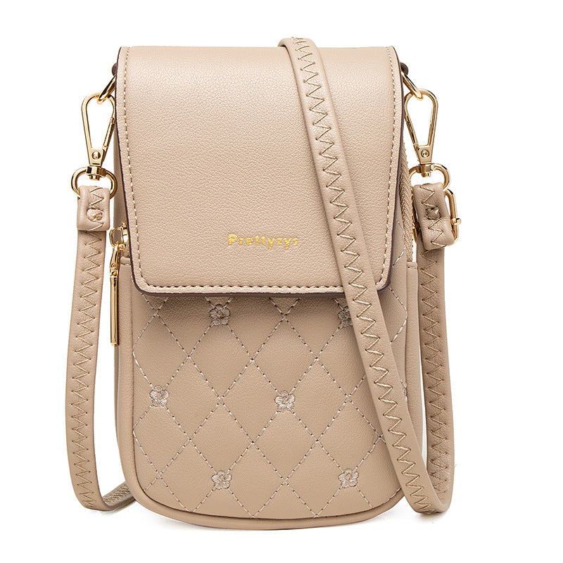 Beige Chic Quilted Crossbody Phone Bag - PU Leather Mini Purse with Floral Stitching & Adjustable Strap