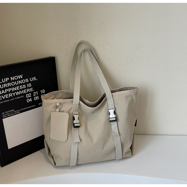Beige Women's Large Capacity Nylon Tote Bag - Stylish Casual Shoulder with Detachable Pouch