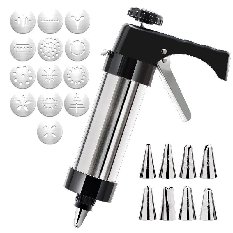 Silver and Black Stainless Steel Cookie Press Gun Kit - Biscuit Maker & Icing Decorating Set with 13 Discs & 8 Nozzles