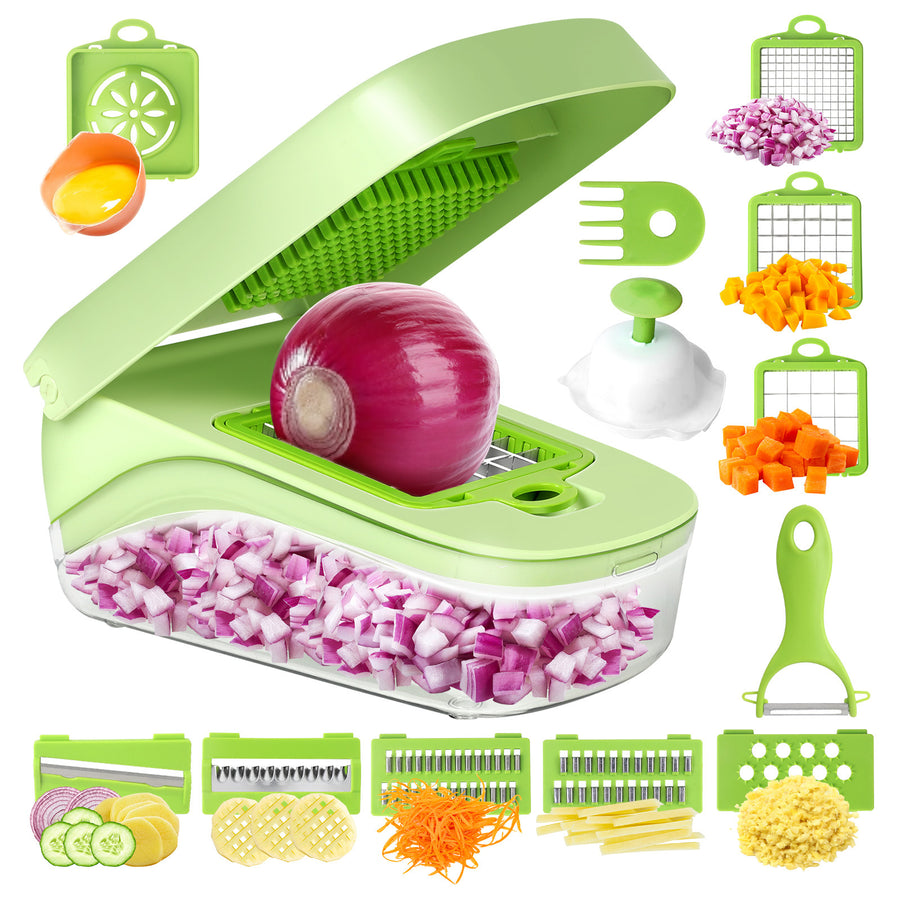 Green Versatile 14-in-1 Vegetable Chopper & Slicer Set - Multi-functional Kitchen Mandoline Dicer & Grater
