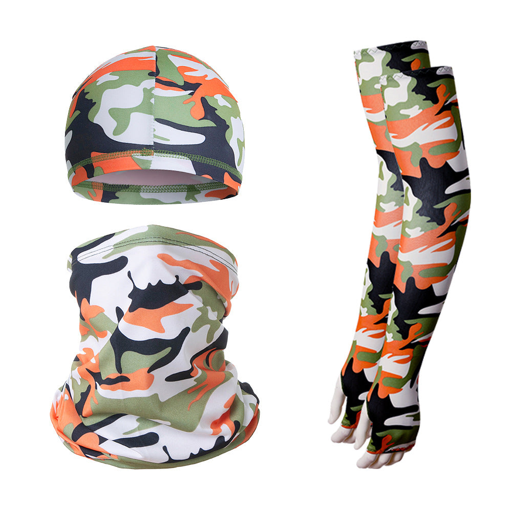 2 Sets Orange Camouflage Cooling UV Protection Set - 2 Skull Cap, 2 Neck Gaiter & 4 Arm Sleeves for Outdoor Sports