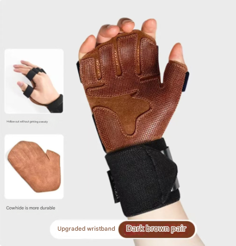 Size S Dark Brown Premium Cowhide Leather Weightlifting Gloves with Wrist Support - Non-Slip Grip, Breathable Fitness Workout Gloves for Gym, WODs, Dumbbells