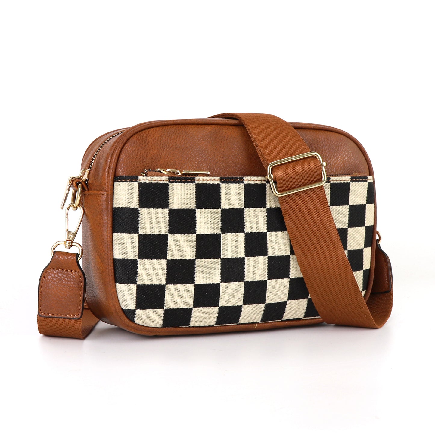 Brown Stylish Checkerboard Crossbody Camera Bag - PU Leather with Adjustable Wide Strap