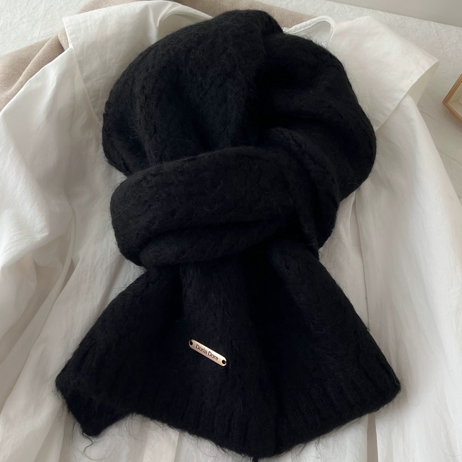 Black Alpaca Wool Blend Solid Color Knitted Scarf for Women Winter New Style Student High Quality Couple Woolen Neck Warmer
