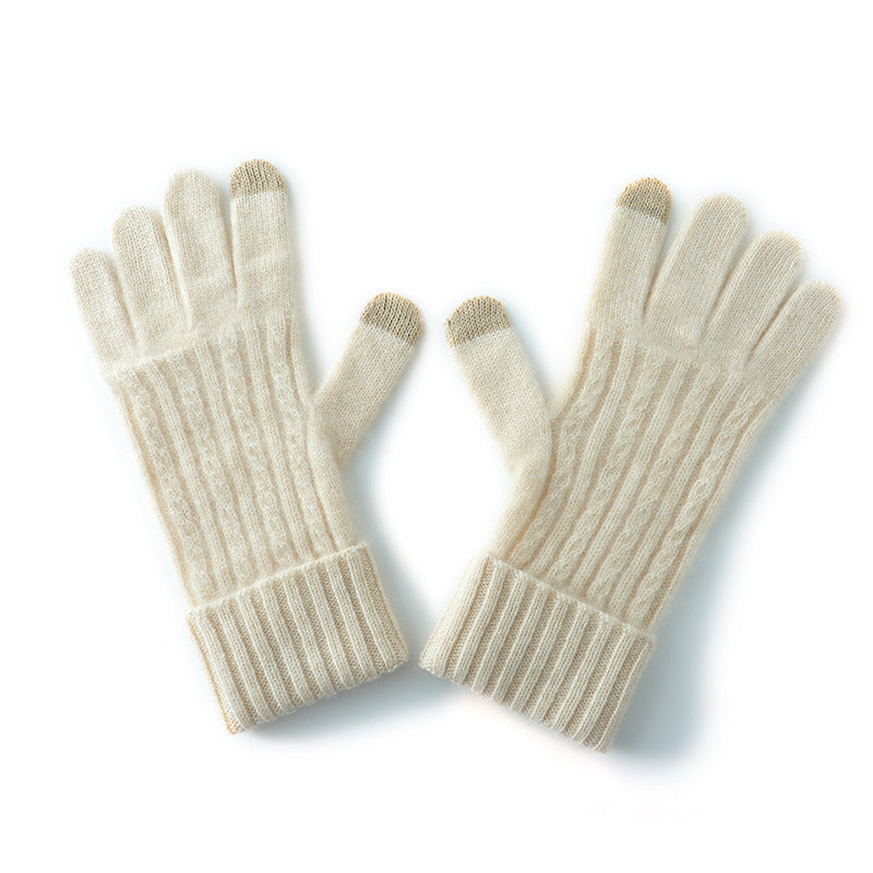 Beige Unisex Touchscreen Ribbed Warm Cycling Windproof Knitted Five-finger Gloves