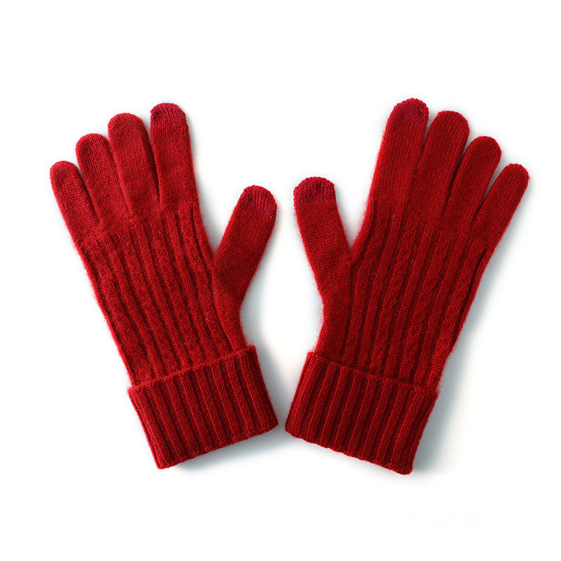 Red Unisex Touchscreen Ribbed Warm Cycling Windproof Knitted Five-finger Gloves