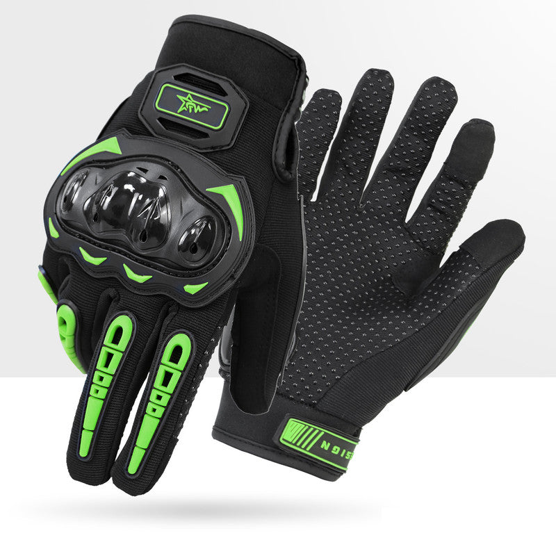 Size L Green and Black Protective Motorcycle Riding Gloves - Hard Knuckle Armour & Touchscreen Fingertips