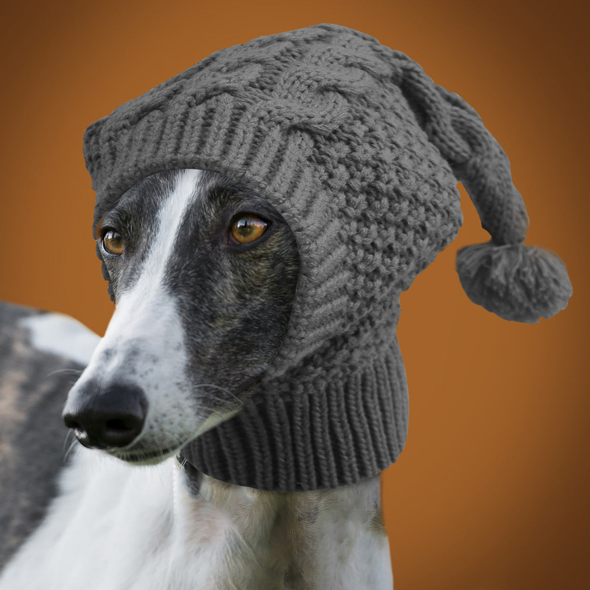 Size M Grey Whimsical Knit Dog Hat with Pom-Pom - Cozy Winter Pet Beanie & Snood