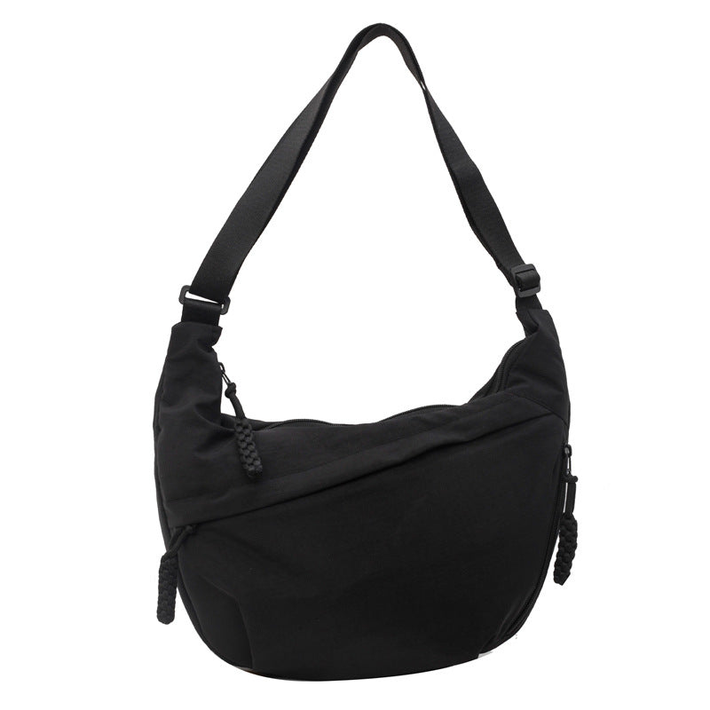 Black Large Nylon Crescent Crossbody Bag - Casual Slouchy Shoulder Purse