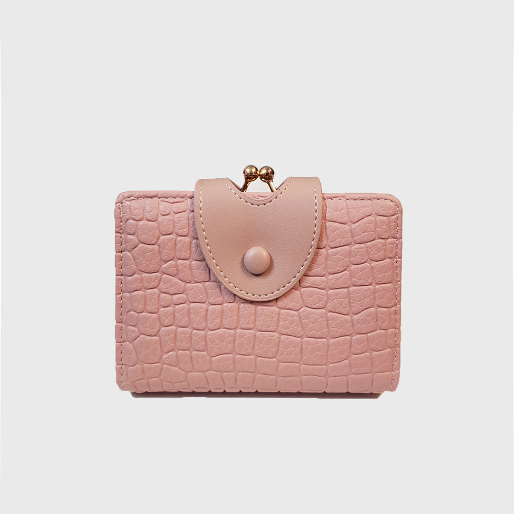 Pink Elegant Croc Embossed Womens Wallet - Short PU Leather Bifold with Removable Kisslock Coin Purse & Card Holder