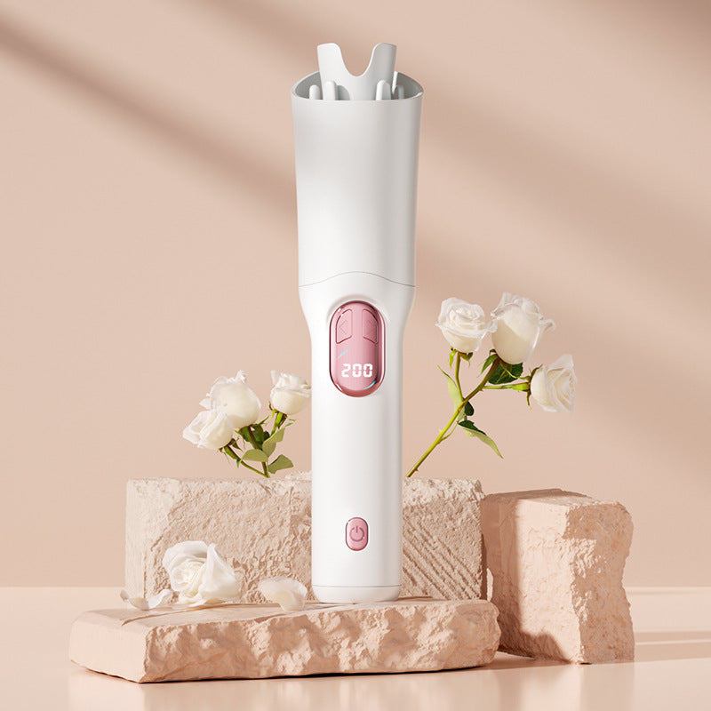 White Portable Cordless Hair Curler - USB-C Rechargeable Automatic Hair Waver with Ceramic Barrel & Anti-Scald Design