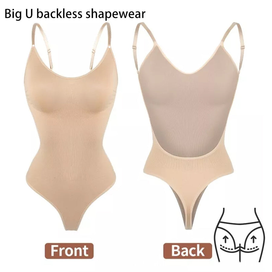 2 Pcs Size XL Skin Color Seamless Backless Bodysuit Shapewear - Deep U-Plunge Tummy Control Thong Shaper