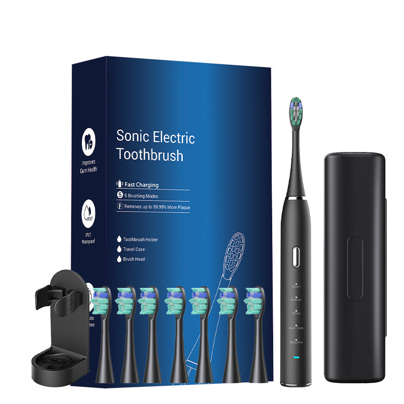 Black Sonic Rechargeable Electric Toothbrush with 8 Heads & Travel Case - 5 Brushing Modes & Smart Timer(USB)