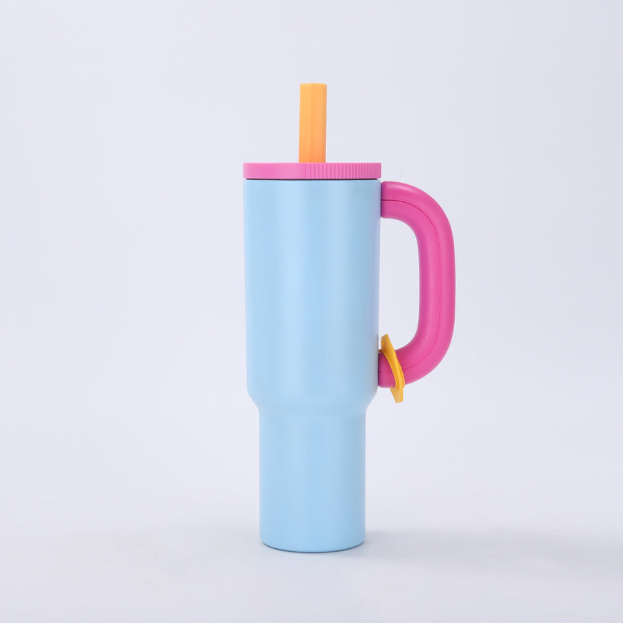 Blue 40oz Macron Stainless Steel Insulated Tumbler with Handle and Straw - 14.8 x 10.5 x 28 cm Large Capacity Car-Friendly Travel Mug