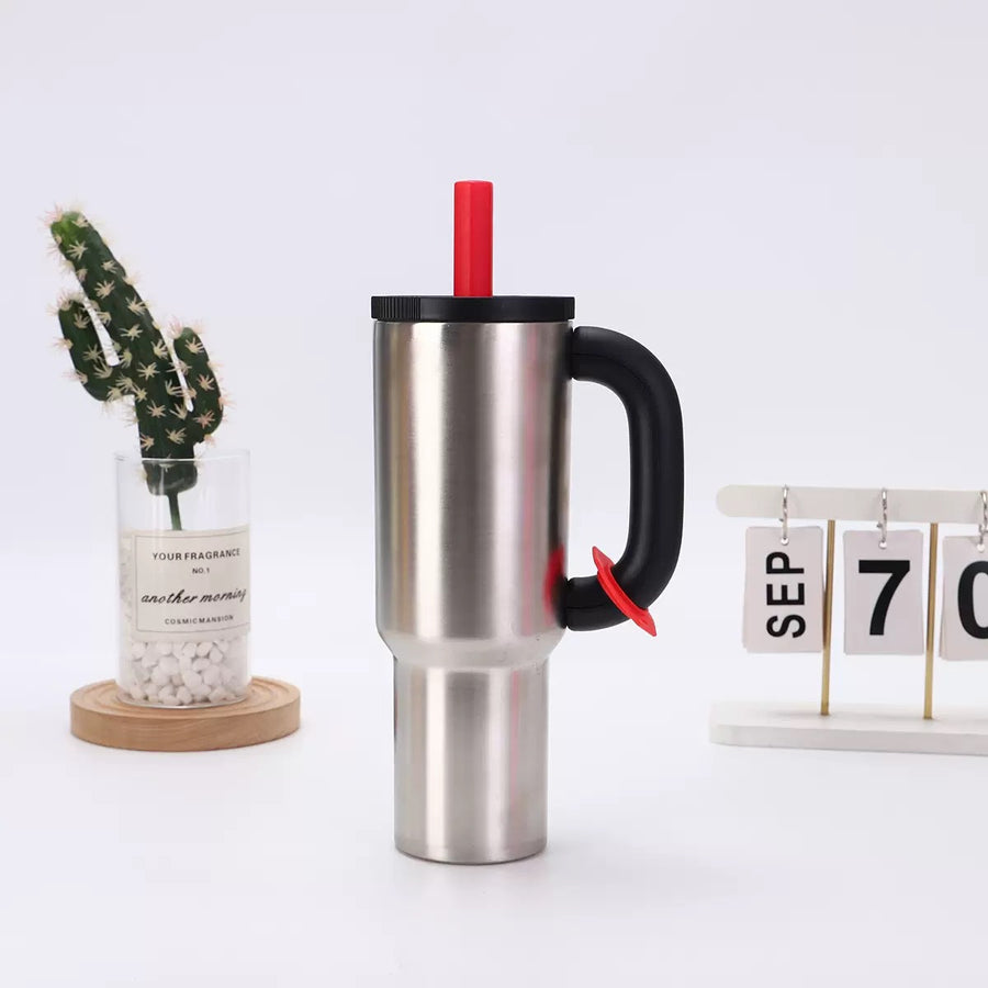 Steel Color 40oz Macron Stainless Steel Insulated Tumbler with Handle and Straw - 14.8 x 10.5 x 28 cm Large Capacity Car-Friendly Travel Mug