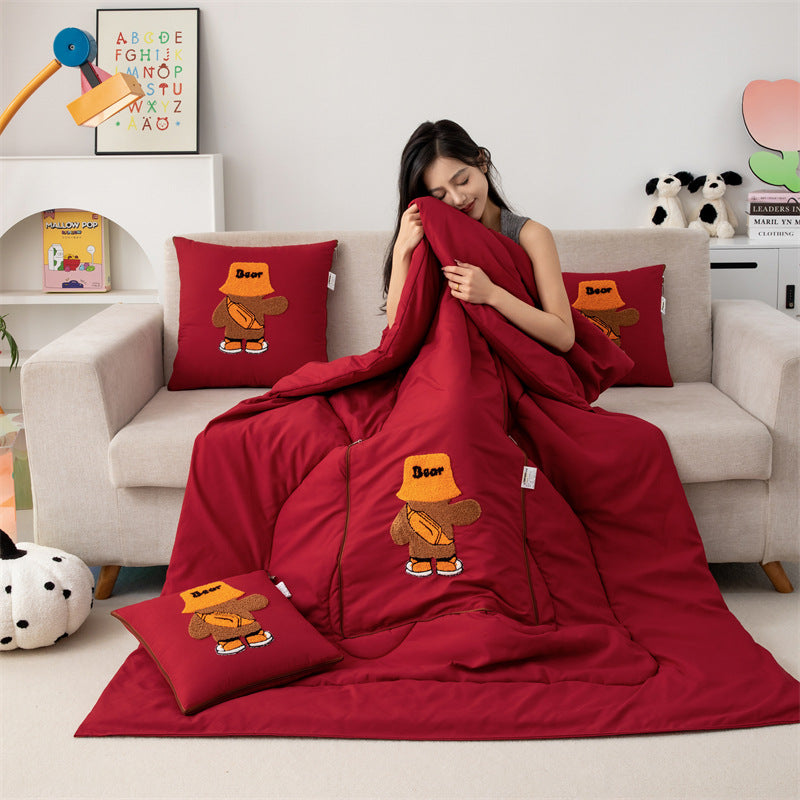 Wine Red Fashion Bear 2-in-1 Foldable Car Pillow Blanket - Cozy 40x40cm Pillow, Unfolds to 100x150cm Blanket for Travel and Office Naps