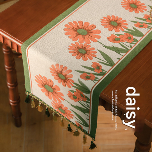 Daisy American Retro Jacquard Embroidered Table Runner - Light Luxury Table Mat 30cm x 180cm with Tassels