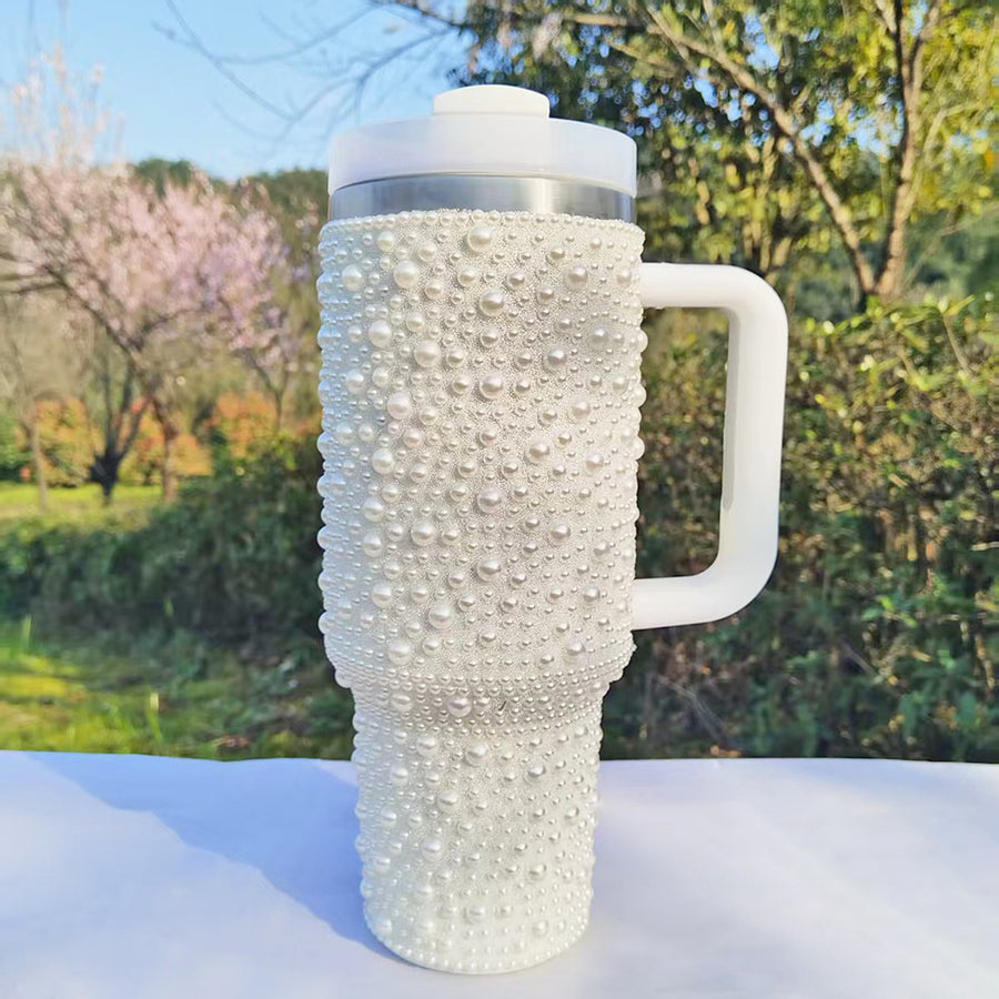 White 40oz Pearl-Drill Insulated 304 Stainless Steel Tumbler - Stylish Handle & Car-Friendly Design