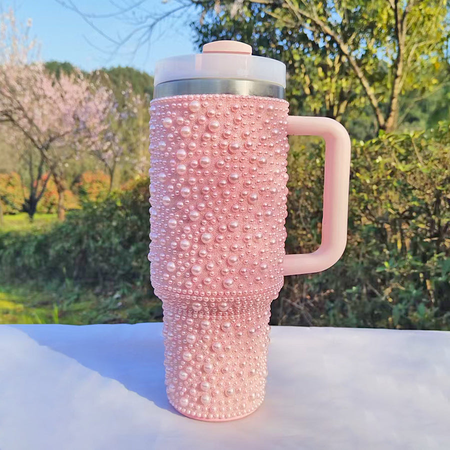 Pink 40oz Pearl-Drill Insulated 304 Stainless Steel Tumbler - Stylish Handle & Car-Friendly Design