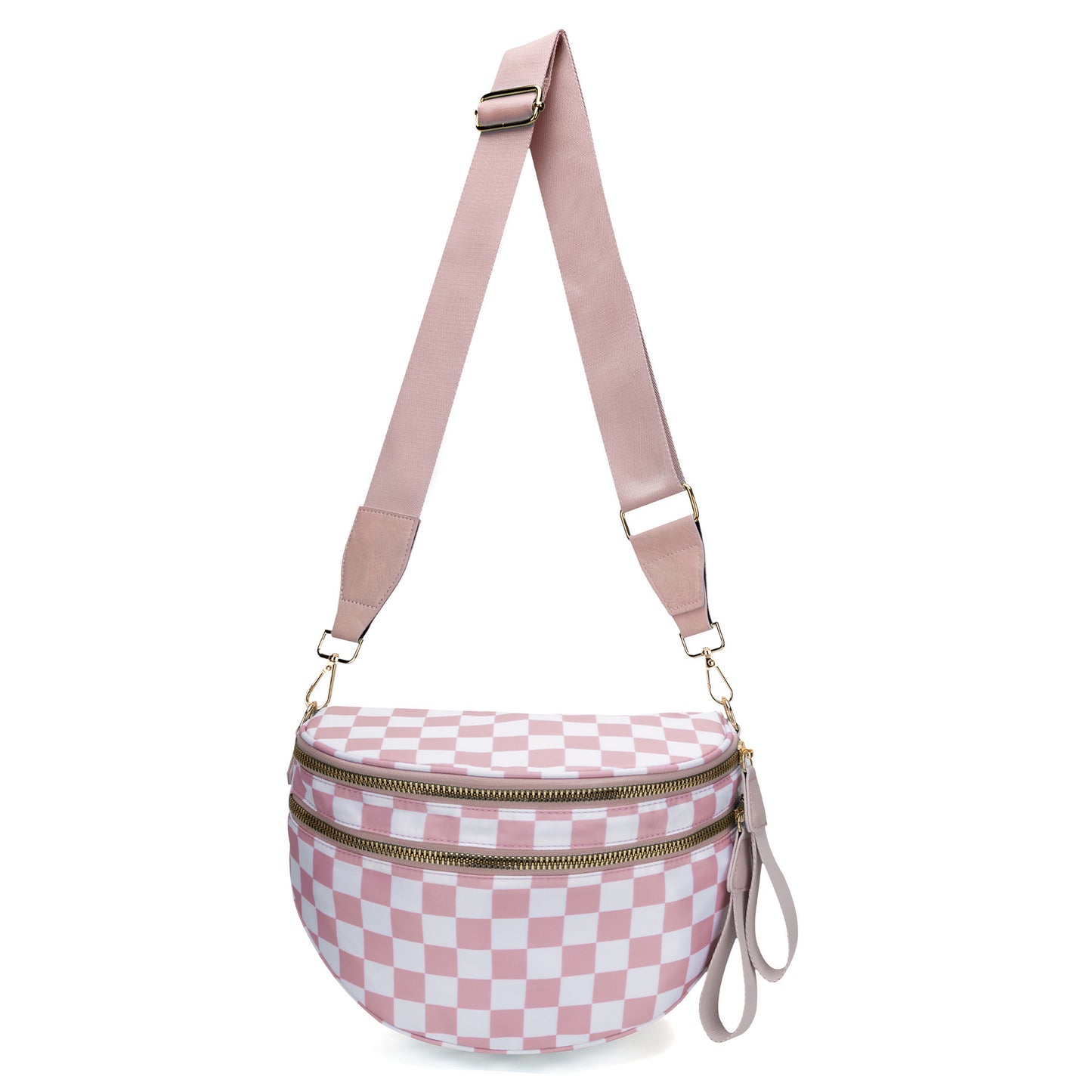 Pink Checkered Trendy Sling Bag - Women's Crescent Crossbody Purse with Wide Adjustable Strap