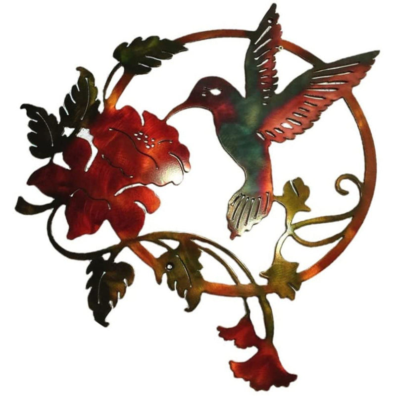 Red Set of 2 Round Metal Wall Art - Hummingbird & Flower Sculpture for Indoor & Outdoor Decor