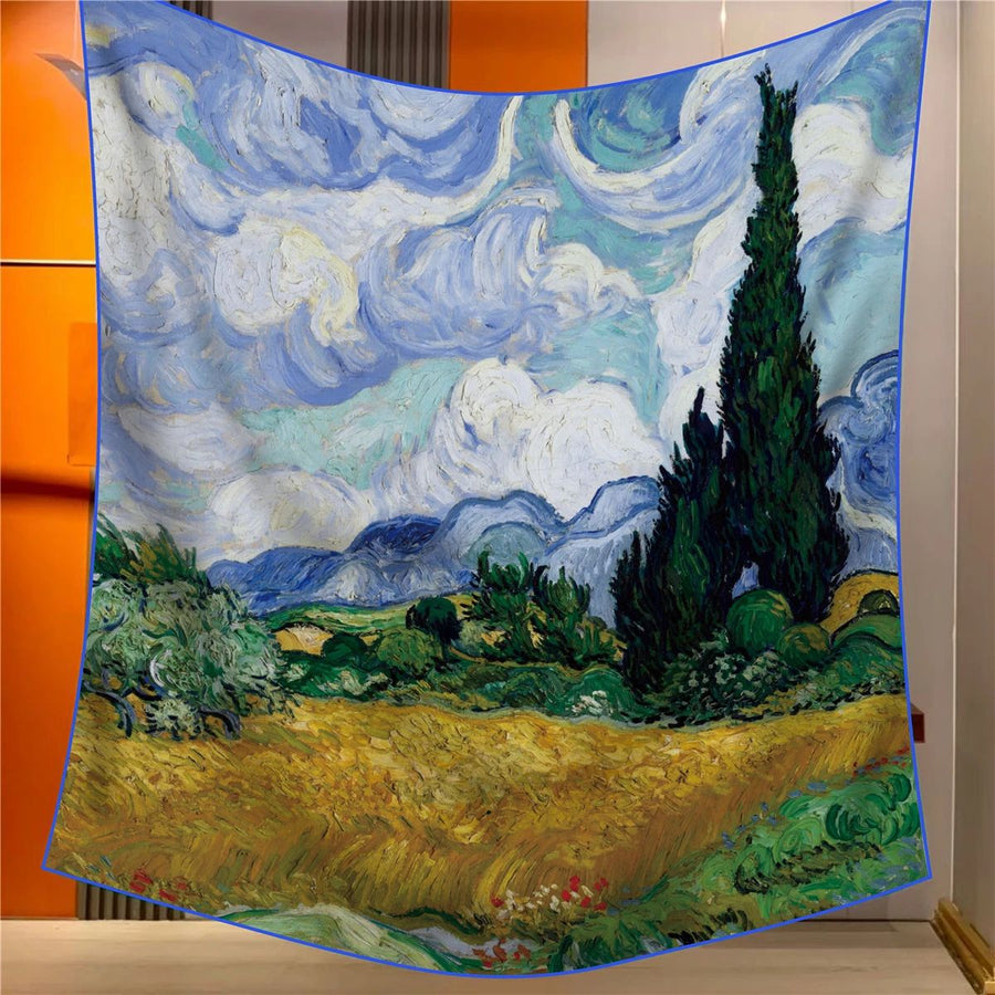 Wheatfield Elegant Artistry Shawl - Large 130cm Square Scarf with Oil Painting Print & Hand-Rolled Hem