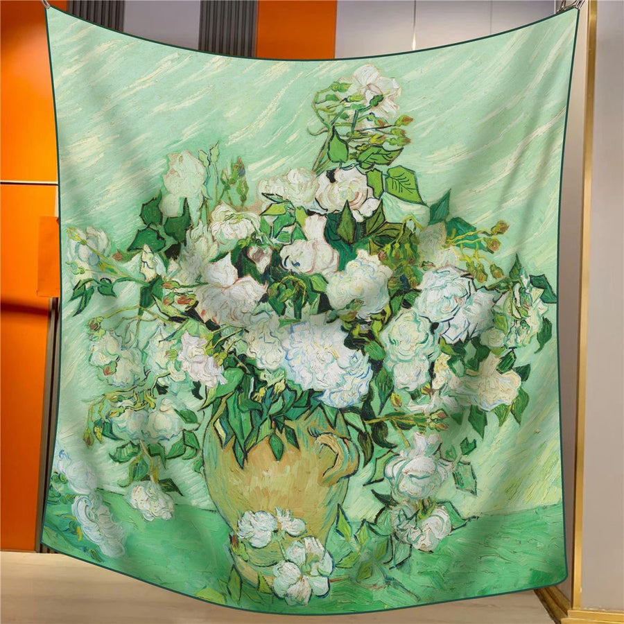White Roses Elegant Artistry Shawl - Large 130cm Square Scarf with Oil Painting Print & Hand-Rolled Hem