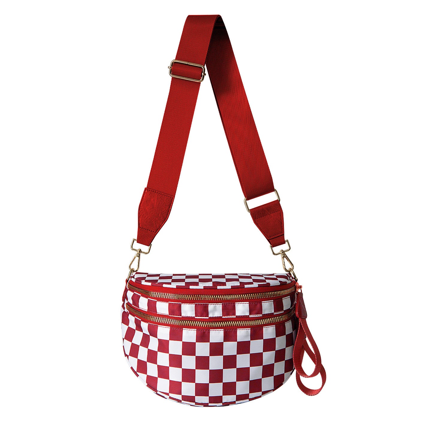 Red Checkered Trendy Sling Bag - Women's Crescent Crossbody Purse with Wide Adjustable Strap