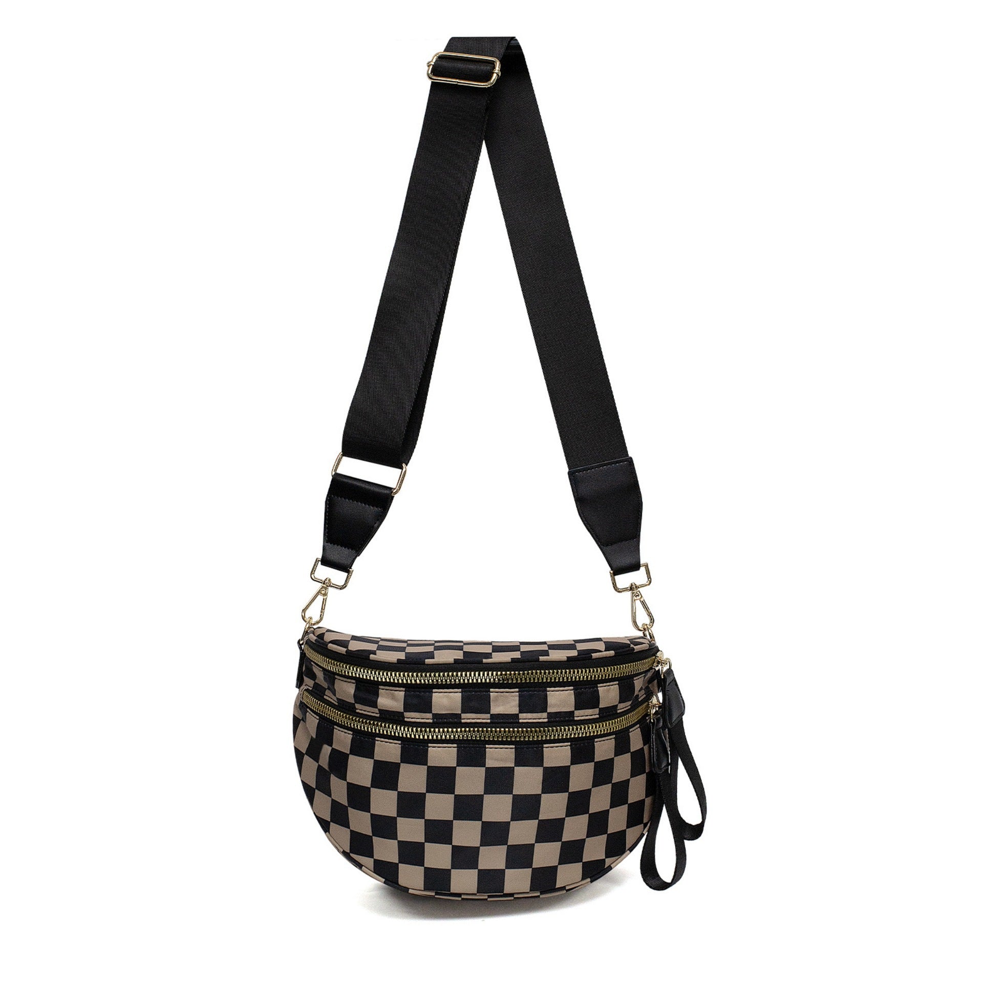 Black-brown Checkered Trendy Sling Bag - Women's Crescent Crossbody Purse with Wide Adjustable Strap