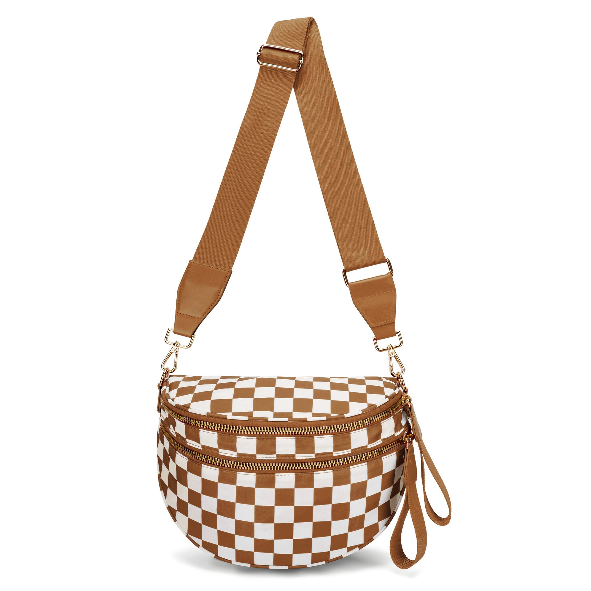 Light Brown Checkered Trendy Sling Bag - Women's Crescent Crossbody Purse with Wide Adjustable Strap