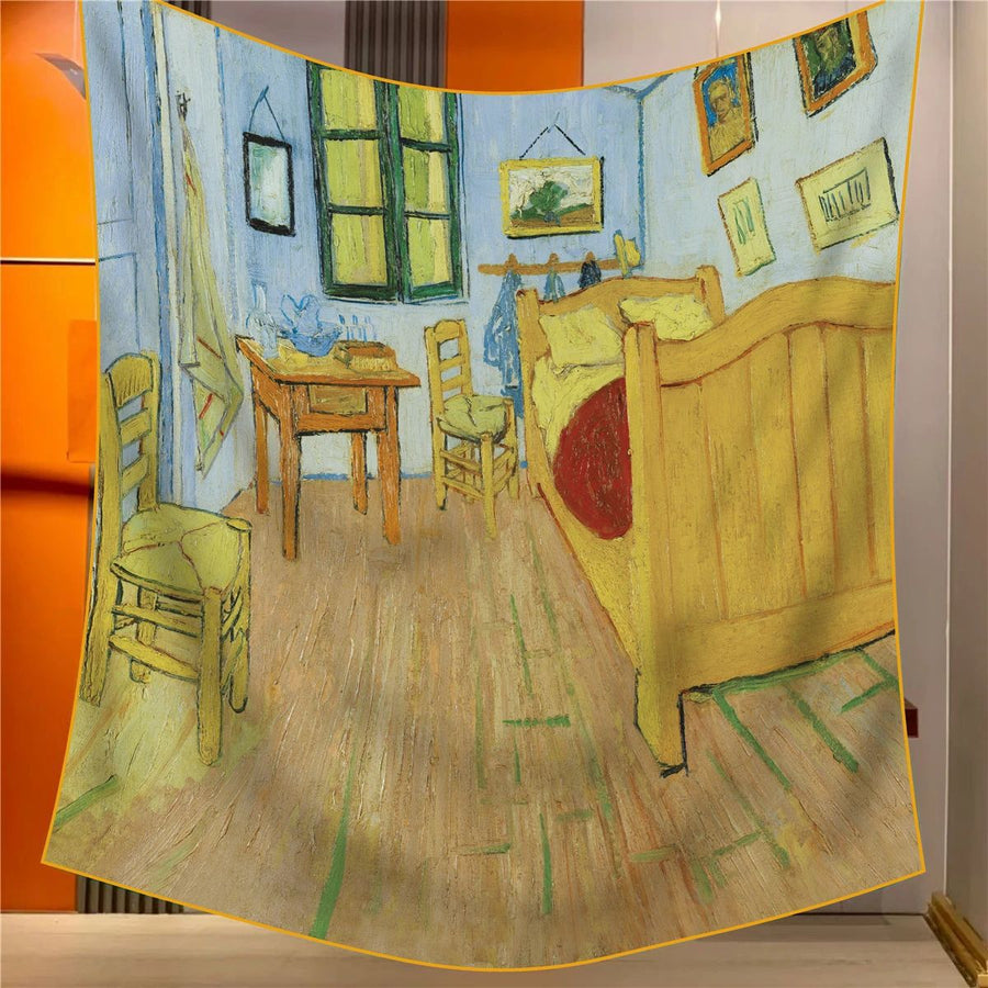 Bedroom Elegant Artistry Shawl - Large 130cm Square Scarf with Oil Painting Print & Hand-Rolled Hem