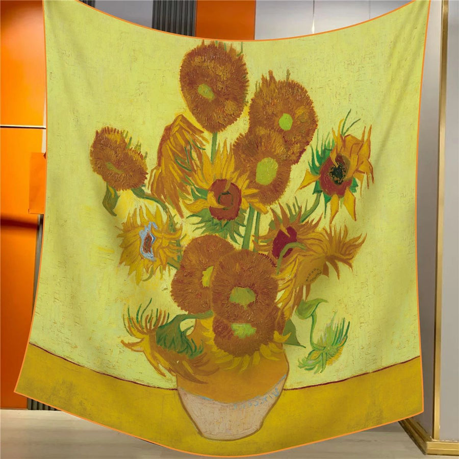 Sunflowers Elegant Artistry Shawl - Large 130cm Square Scarf with Oil Painting Print & Hand-Rolled Hem