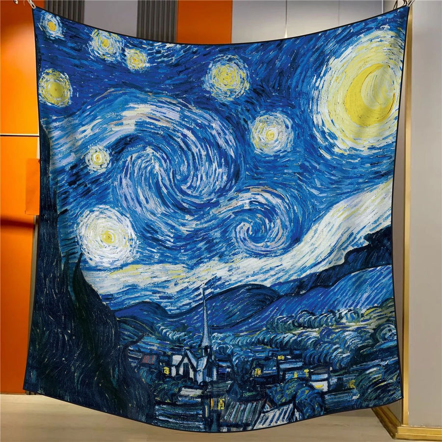 Stars Elegant Artistry Shawl - Large 130cm Square Scarf with Oil Painting Print & Hand-Rolled Hem