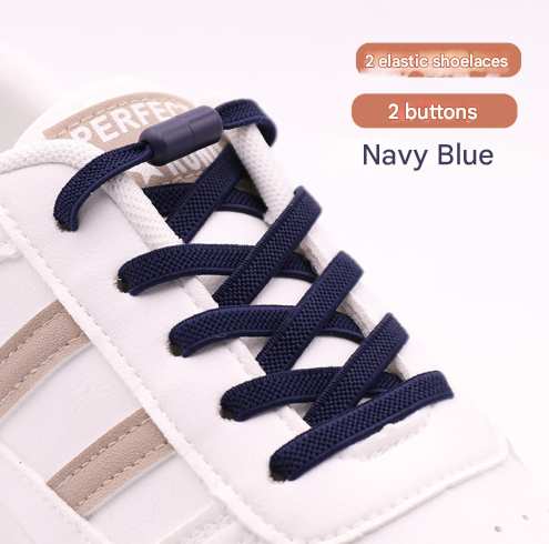 Navy Blue No-Tie Elastic Shoelaces with Quick Lock System - Flat Tieless Laces for Kids and Adults