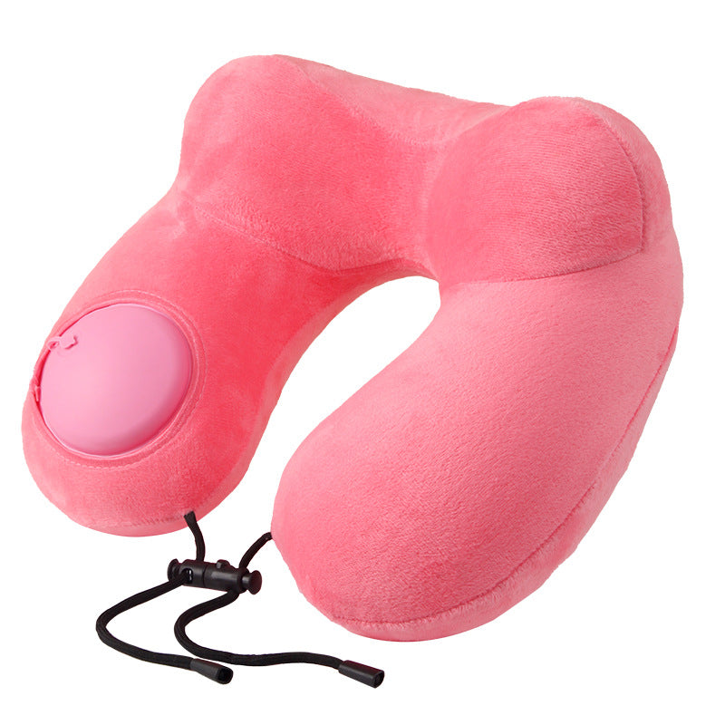 Pink Press-to-Inflate Travel Neck Pillow - Ergonomic U-Shaped Cushion for Airplane and Car
