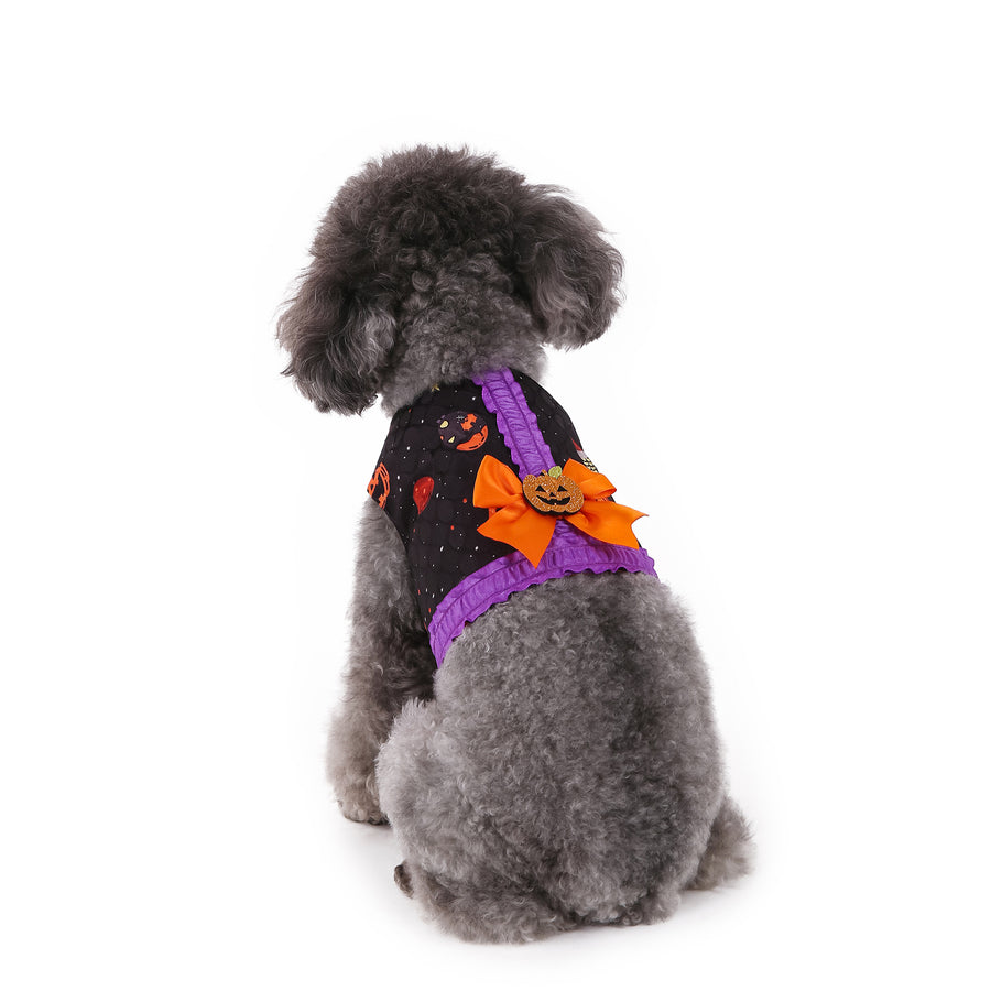 XS Halloween Pumpkin Dog Harness Dress - Festive Costume Vest with Leash Ring for Small Dogs