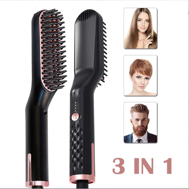 Black Premium 3-in-1 Beard Straightener - Fast-Heating Multi-Function Hair Comb
