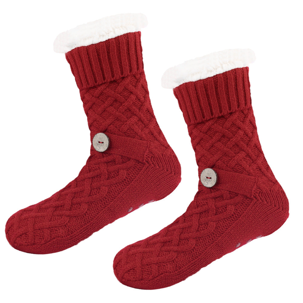 Red Women's Cozy Cable Knit Slipper Socks - Plush Fleece Lined Thermal Socks with Non-Slip Grips