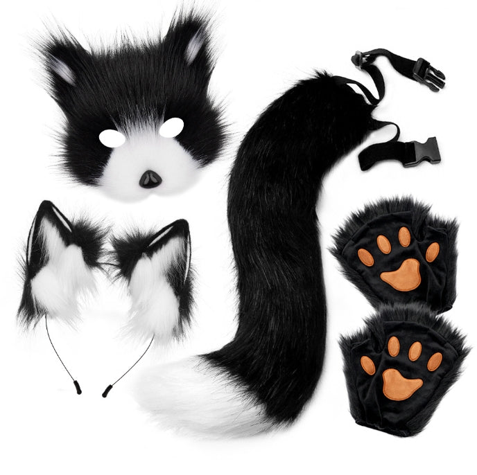 Black and white Halloween Furry Fox Costume Set - Plush Mask, Ears Headband, Tail, and Paws for Cosplay