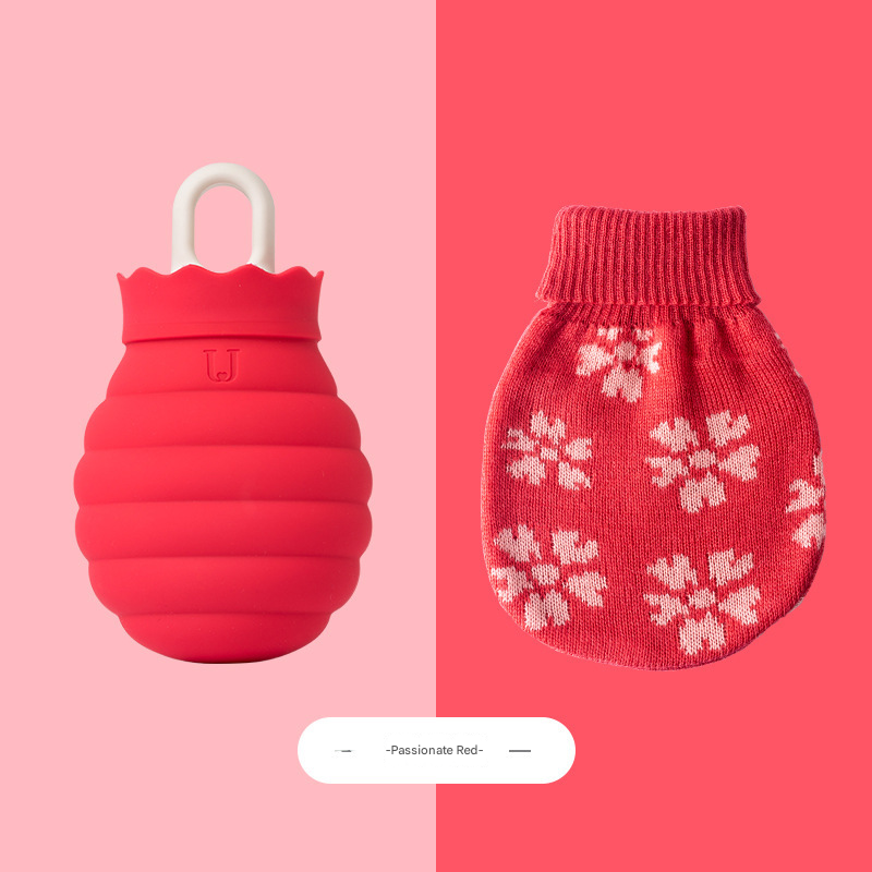 Red Microwaveable Silicone Hot Water Bottle - Honey Pot Design Hot & Cold Pack with Knitted Cover for Pain Relief & Comfort