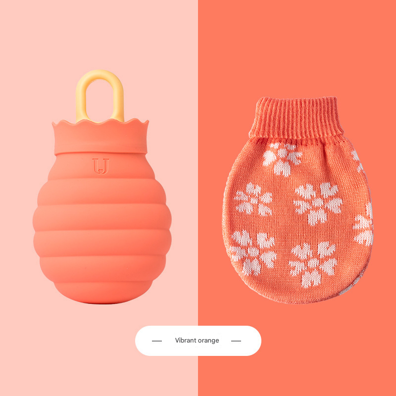 Orange Microwaveable Silicone Hot Water Bottle - Honey Pot Design Hot & Cold Pack with Knitted Cover for Pain Relief & Comfort
