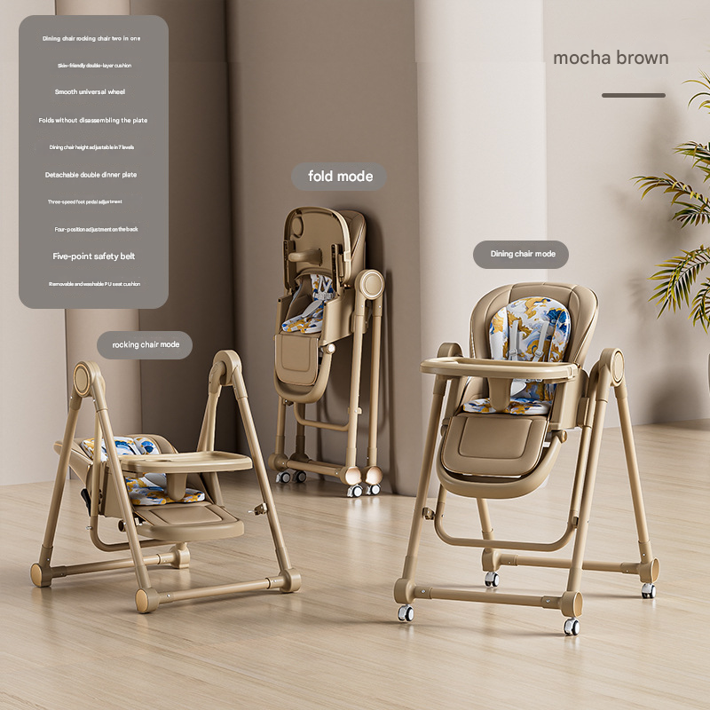 Mocha brown 3-in-1 Convertible Baby High Chair - Adjustable, Foldable Feeding Seat with Rocking Function and Wheels