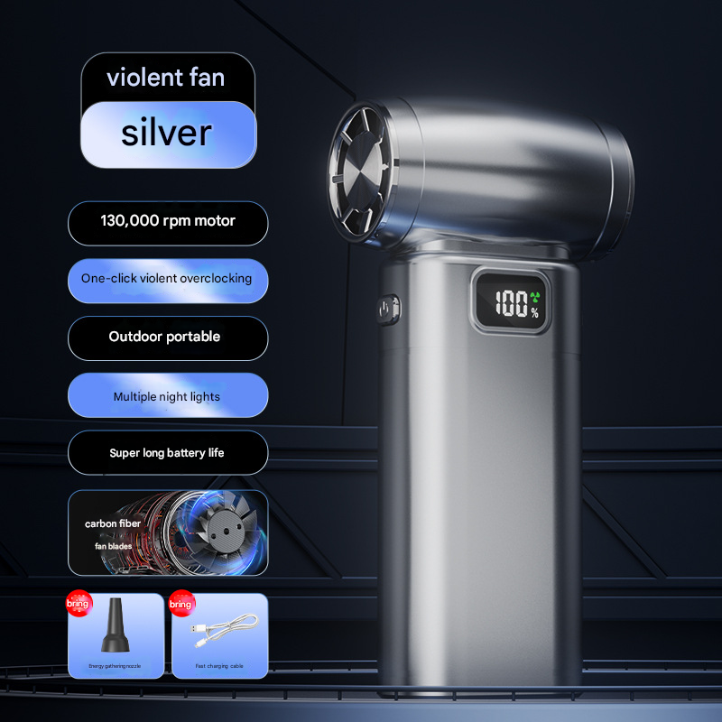 Silver Portable High-Speed Turbo Fan & Air Duster - 130,000 RPM Brushless Motor, Rechargeable Blower