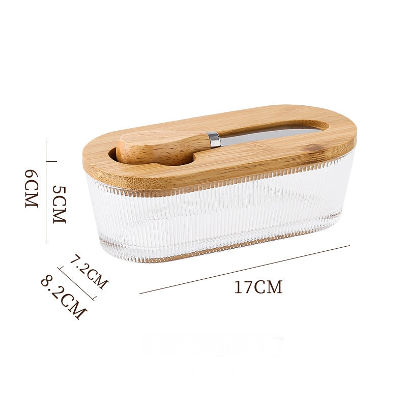 Natural wood color - stripes Elegant Glass Butter Dish with Wooden Lid & Matching Spreader - Sealed Butter Keeper for Freshness
