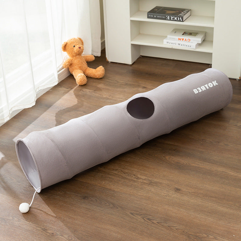 Grey Premium Soft Suede Cat Tunnel - Collapsible Play Tube with Peek-a-Boo Hole & Hanging Ball(1.2m)