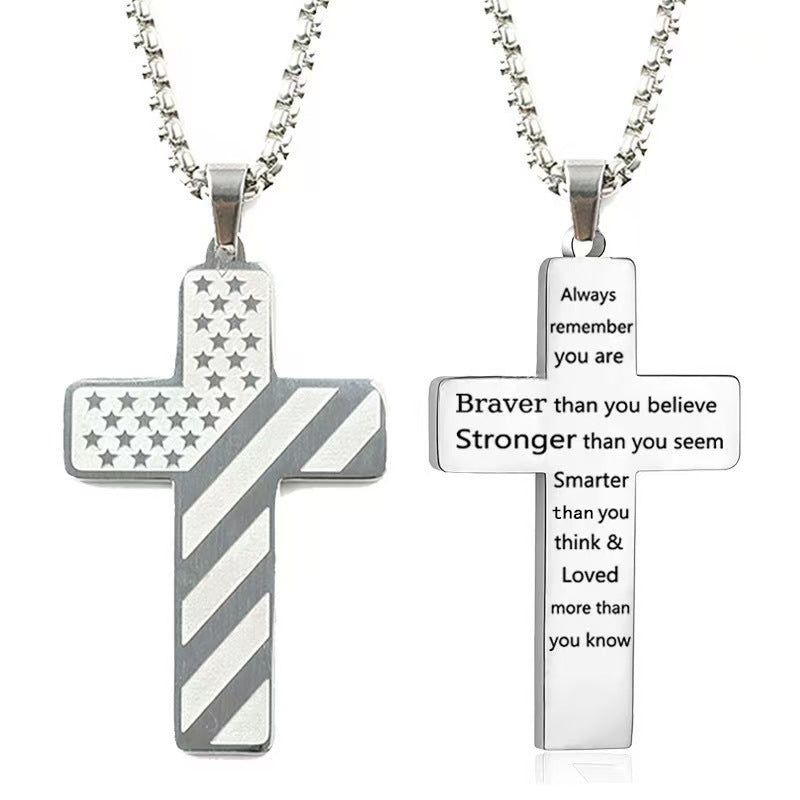 Silver Men's Textured Cross Necklace - Stainless Steel Pendant with Inspirational Message